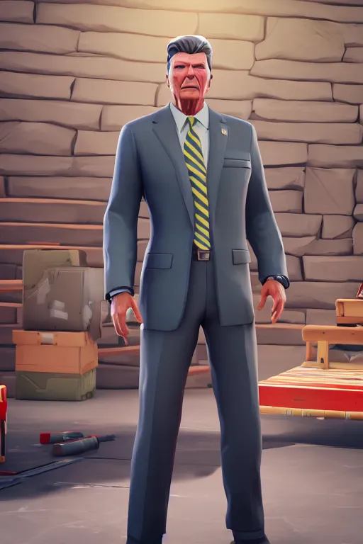 Prompt: ronald reagan, american super patriot, fortnite character, unreal engine. 4 k, highly detailed