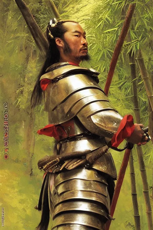 Image similar to close up of samurai warrior in full armor, in a bamboo forest, by vladimir volegov and alexander averin and delphin enjolras and daniel f. gerhartz