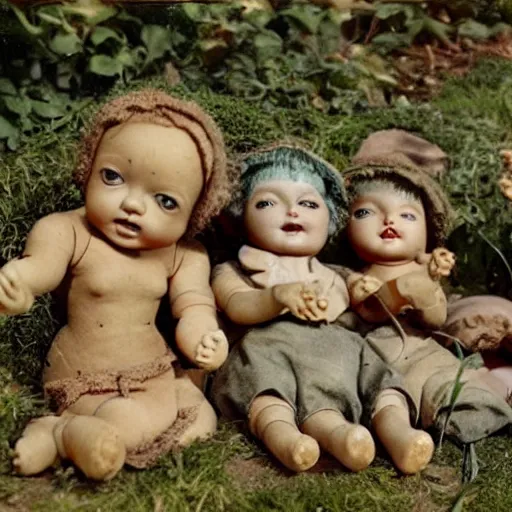 Image similar to autochrome photo of vintage disgusting brown kewpie dolls, plastic baby doll toys in a backyard garden, realistic