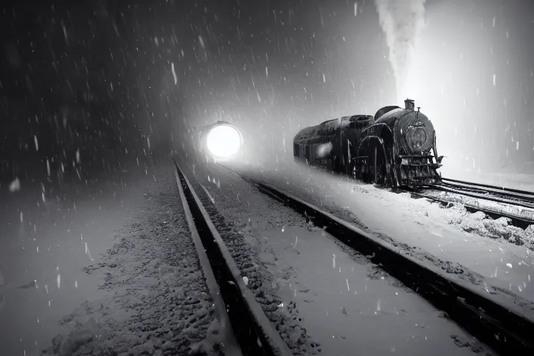 Image similar to an old locomotive rushing through snow storm in high speed, white steam on the side, dark smoke with fire! from the pipes, dynamic angled shot, speed lines, fire particles and snowflakes everywhere, 8 k, hyperrealistic, ultra sharp, octane render, unreal engine, artstation, very detailed, 1 6 k, eerie moon eclipse cinematic scenery