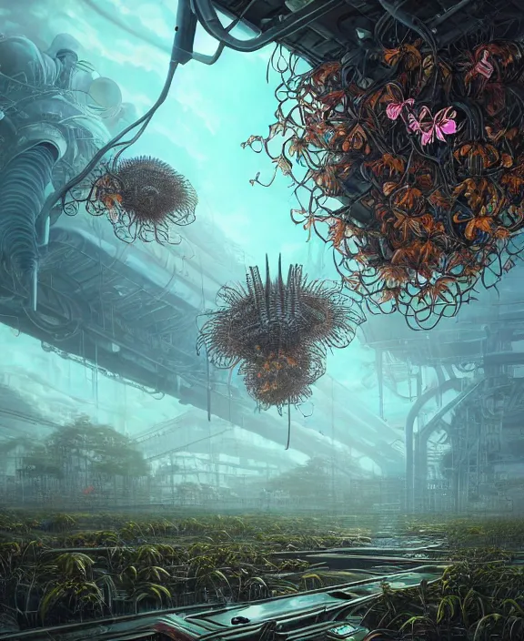 Image similar to a giant weird industrial plant made out of isopod dragonflies, in the style of a strange asymmetrical spaceship, overgrown with disturbing orchids, godbeams, partly cloudy, somber, dramatic lighting, by dan mumford, yusuke murata, makoto shinkai, ross tran, cinematic, unreal engine, cel shaded, featured on artstation, pixiv