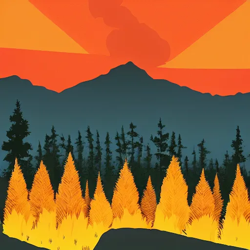 Image similar to forest fire in the Rocky Mountains, by Olly Moss, graphic design