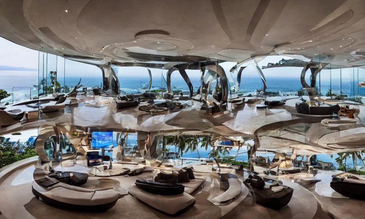 Image similar to A Luxurious Futuristic Mancave in a Billionaire's Megamansion in Puerto Vallarta