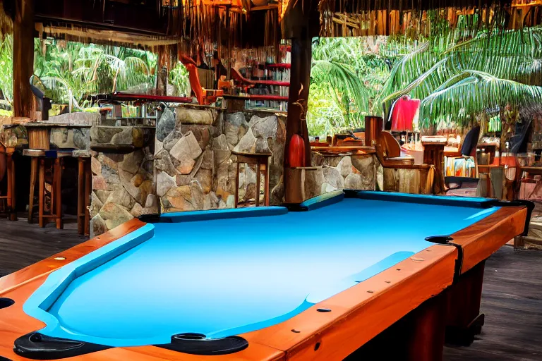 Image similar to clear pipeline transporting chunky liquid across a pool table in a tiki bar 55mm scene from a tv show 55mm