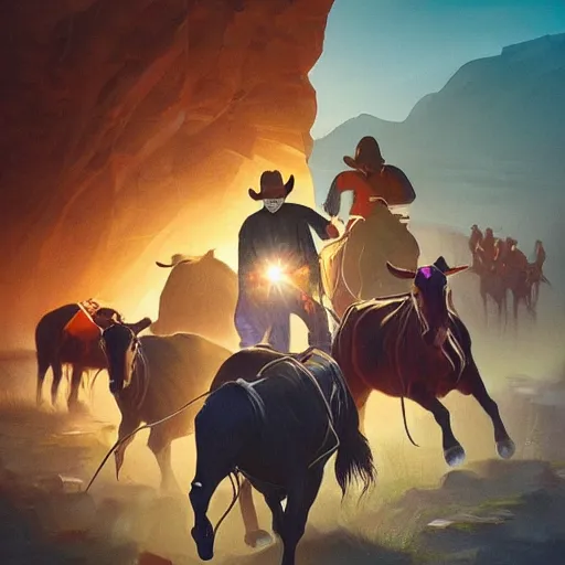 Image similar to cowboys chasing cattle, colorful, dramatic lighting, detailed, intricate, elegant, highly detailed, digital painting, artstation, concept art, smooth, sharp focus, illustration