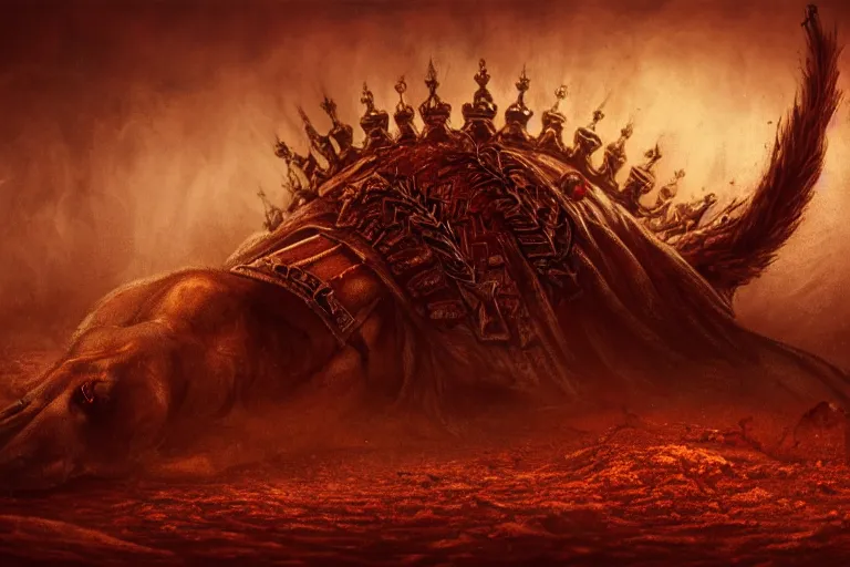 Prompt: the king in the desert dead on the ground, killed, red blood on gold sand, dark tragic scene, detailed scene, killed in war, fallen Crown, highly detailed, blood and dust, cinematic lighting, dramatic lighting, trending on artstation, elegant, intricate, tragedy, fantasy, D&D, highly detailed, digital painting, concept art