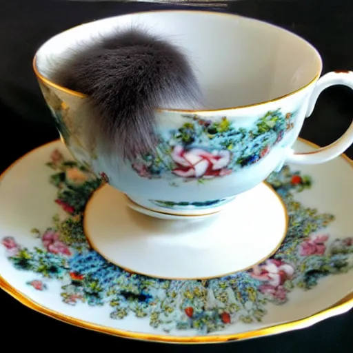 Prompt: tea cup, saucer and spoon, covered in fur