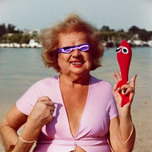 Image similar to 1981 woman on tv show wearing a happy squishy inflatable prosthetic mask, soft color wearing a swimsuit at the beach 1981 color film 16mm holding a an inflatable fish Fellini John Waters Russ Meyer Doris Wishman old photo