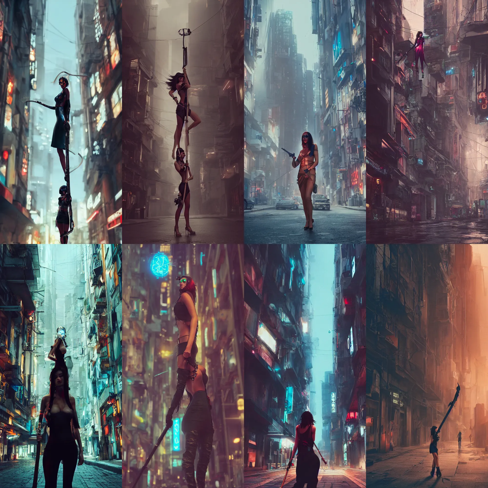 Prompt: alone gorgeous latin woman, holding a staff, cyberpunk city street, illustration, cinematic color grading, hyperrealism, elegant, vfx, octane render, 8 k, by wlop