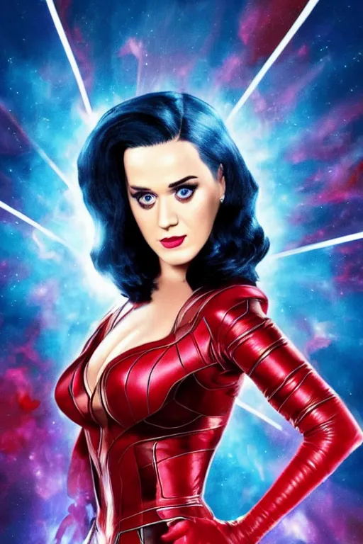 Image similar to katy perry as scarlet witch in the avengers, portrait realistic photograph, very detailed face