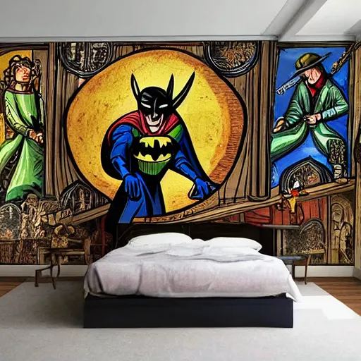 Image similar to a medieval church mural depicting batman chasing the joker, batman and the joker medieval art