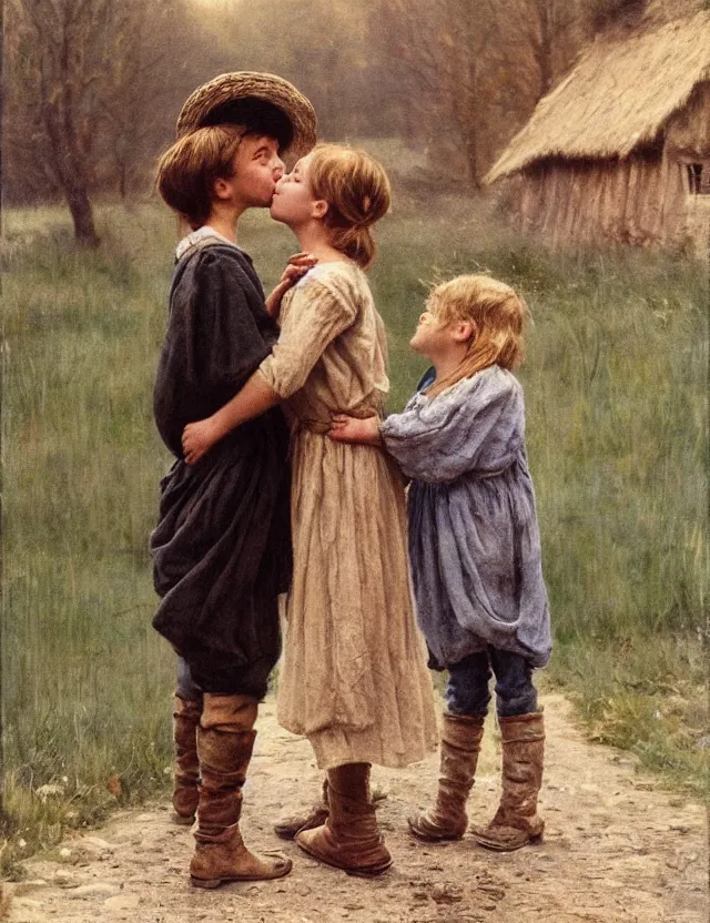 Image similar to peasant boy and girl first kiss, on a village, Cinematic focus, Polaroid photo, vintage, neutral colors, soft lights, foggy, by Steve Hanks, by Serov Valentin, by lisa yuskavage, by Andrei Tarkovsky oil on canvas