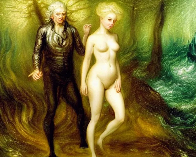 Prompt: an oil painting of cthulhu & a blonde woman in a forest, intricate, elegant, highly detailed, turner