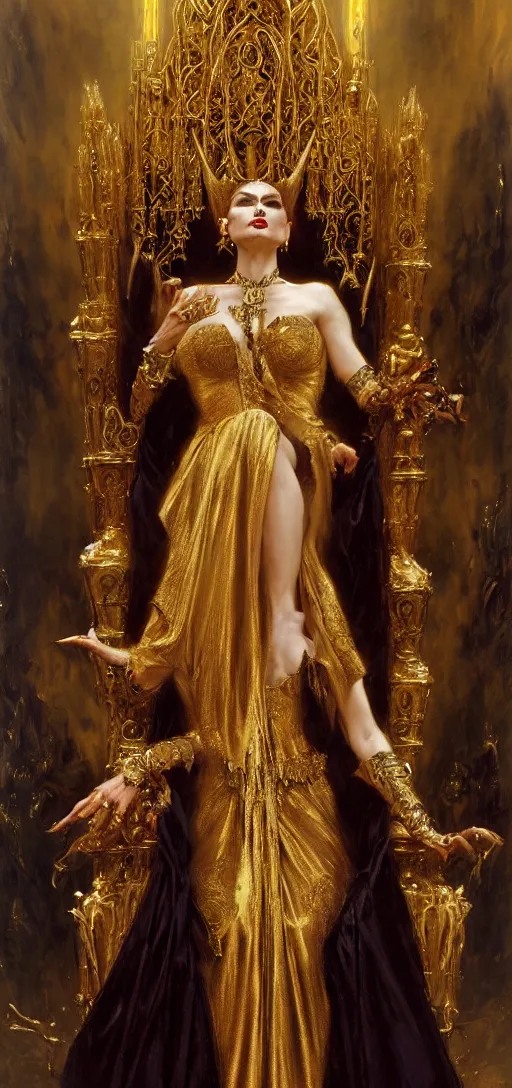 Image similar to full body portrait of beautiful vampire queen in gold gothic robes sitting on a throne of bones, elegant, highly detailed painting by gaston bussiere, craig mullins, j. c. leyendecker, 8 k, mid shot