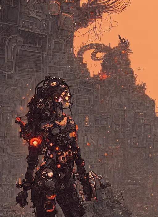 Image similar to highly detailed portrait of wasteland punk long curly fire hair tribal lady, stray wiring by atey ghailan, james gilleard, by joe fenton, by greg rutkowski, by greg tocchini, by kaethe butcher, 4 k resolution, gradient red, orange, black and white color scheme!!! ( ( flaming robotic dystopian city spiral background ) )