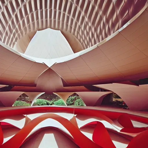 Prompt: interior balcony of a futuristic lotus temple with gold, red and white marble panels, in the desert, by buckminster fuller and syd mead, intricate contemporary architecture, photo journalism, photography, cinematic, national geographic photoshoot