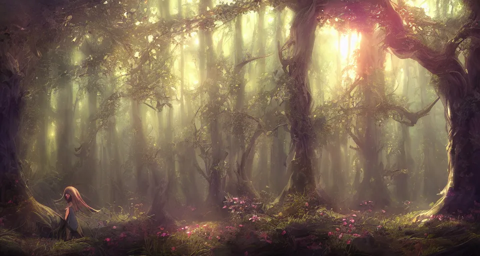 Prompt: Enchanted and magic forest, by WLOP