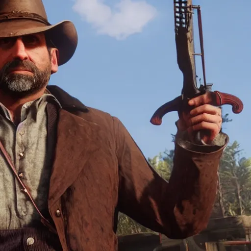 Image similar to steve carell in red dead redemption 2, character render, full body shot, highly detailed, in game render