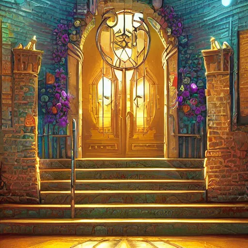 Prompt: digital painting detailed cryptographic library with door and stairs, magical psionic projections, painted by Ralph Horsley and dan mumford