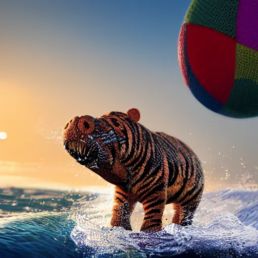 Image similar to a closeup photorealistic photograph of a cute smiling knitted tiger hippopotamus chasing a beachball at sundown. surf in background. professional capture. this 4 k hd image is trending on artstation, featured on behance, well - rendered, extra crisp, features intricate detail, epic composition and the style of unreal engine.