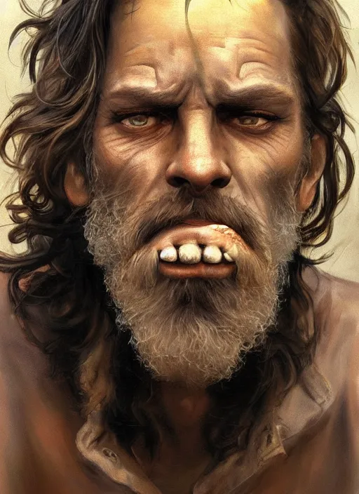 Image similar to a portrait a dirty unwashed homeless man, art by boris vallejo and greg danton and denys tsiperko, detailed, hyperrealism, artstation