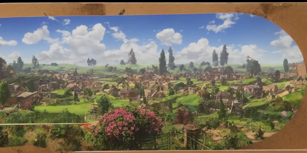 Prompt: background plate matte painting ghibli pixar dreamworks vista english countryside.