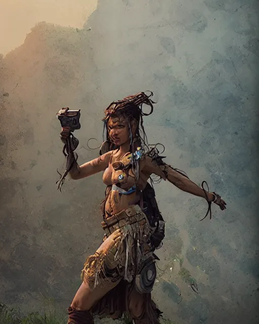 Image similar to hyper realistic photo of solarpunk postapocalyptic nomad tribal girl, full body, cinematic, artstation, cgsociety, greg rutkowski, james gurney, mignola, craig mullins, brom