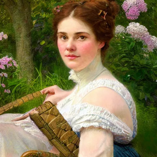 Prompt: A high detailed photorealistic portrait painting of a 1800s Victorian beautiful woman sitting in a lush English garden in the style of Thomas Kinkade and Norman Rockwell