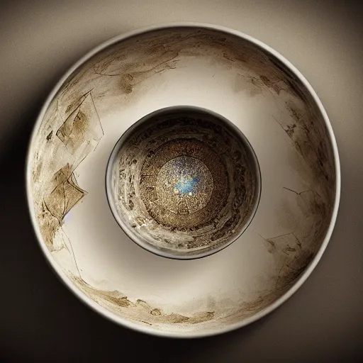 Image similar to multiverse [ within bowl ]!!! resting on table, trending on artstation, cgsociety, [ overhead view ]!!, 4 k quality, intricately defined, professional photography, complexly detailed, polycount