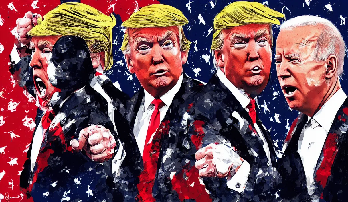 Image similar to a portrait of donald trump and joe biden having a fist fight, art station, digital art