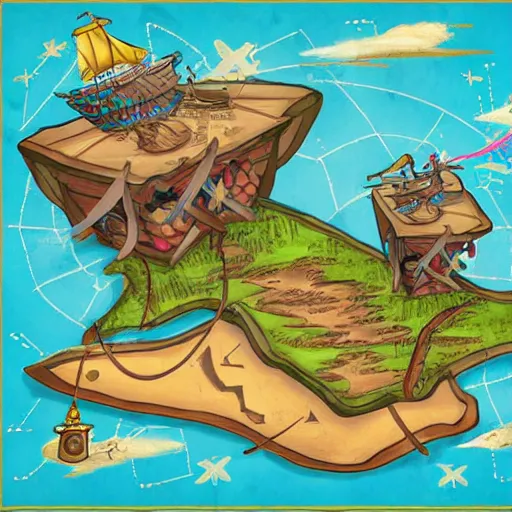 Image similar to pirate treasure map with an x marking the spot, concept art, illustrated, highly detailed, high quality, bright colors, optimistic,