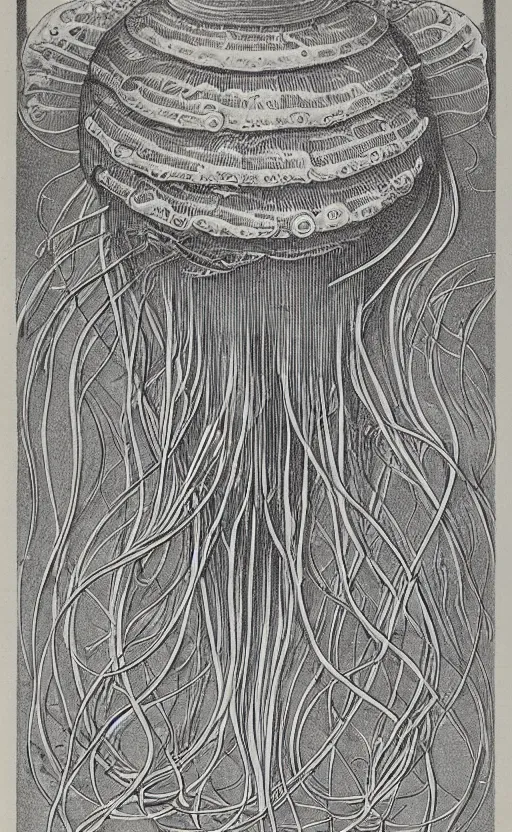 Image similar to a page of jellyfish illustrations, 1 9 0 0 s, symmetry, highly detailded