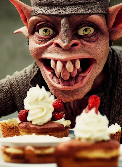 Image similar to closeup portrait of a medieval goblin eating cakes in the abbey, depth of field, zeiss lens, detailed, symmetrical, centered, fashion photoshoot, by annie leibovitz and steve mccurry, david lazar, jimmy nelsson, breathtaking, 8 k resolution, extremely detailed, beautiful, establishing shot, artistic, hyperrealistic, beautiful face, octane render