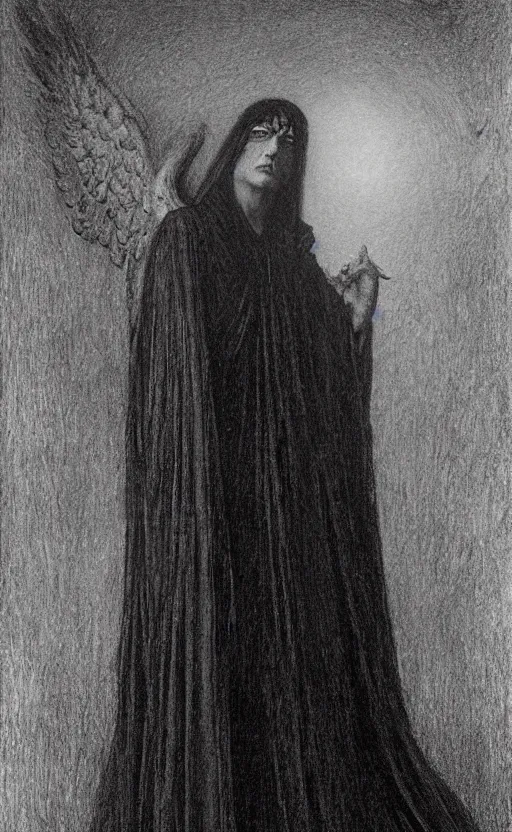 Image similar to Say who is this with black hair so dark and thin? beautiful lone single Male!! angel, Hades Death, in the style of Jean Delville,black glowing cloak, Fernand Keller, Fernand Khnopff, oil on canvas, 1896, 4K resolution, aesthetic, mystery