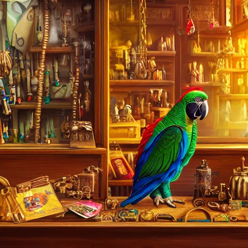 Image similar to A Anthropomorphized parrot trader in his shop, selling his wares, portrait, items, gold, carpet, window, sly expression, cunning expression, presenting wares, holding a gold bag, D&D, fantasy, intricate, cinematic lighting, highly detailed, digital painting, trending on artstation, concept art, smooth, sharp focus, illustration, warm light, cozy warm tint, magic the gathering artwork, volumetric lighting, 8k, art by Akihiko Yoshida, Greg Rutkowski