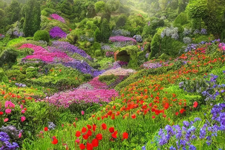 Prompt: outrageous flower garden next to a lush forest on a hill with tiny paths weaving everywhere and littl signposts marking the directions along the way, epic, beautiful light, highly detailed by beatrix potter, brian froud, amy brown, lisa frank