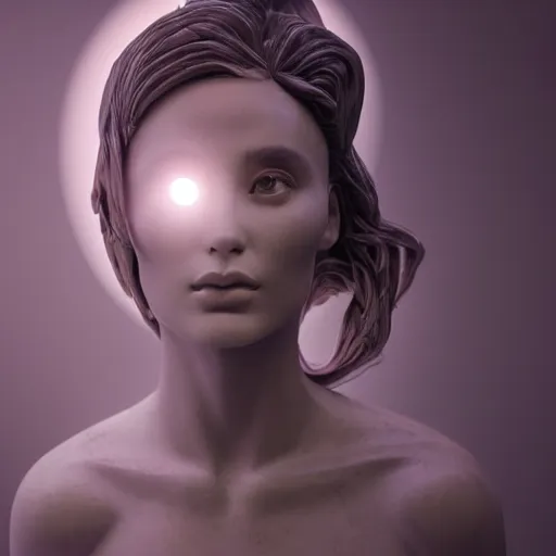 Prompt: abstract female sculpture made of white marble and amethyst crystals quartz, ethereal lights, fine details, artstation. com, film still, cinematic, super model photo shooting, luxury, strong wind blowing, dark mood, sad, cold colors, golden filigree, octane render, lens flare