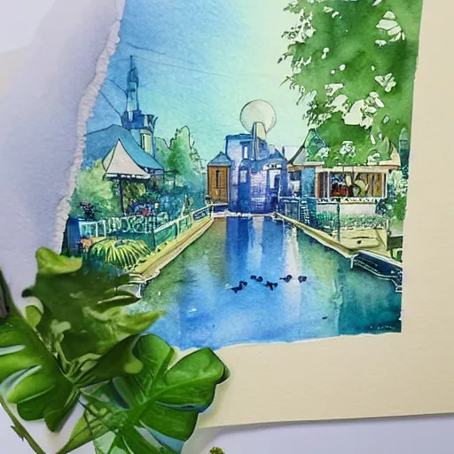 Image similar to Beautiful happy picturesque charming sci-fi town in harmony with nature. Beautiful light. Water and plants. Nice colour scheme, soft warm colour. Beautiful detailed watercolor by Lurid. (2022)