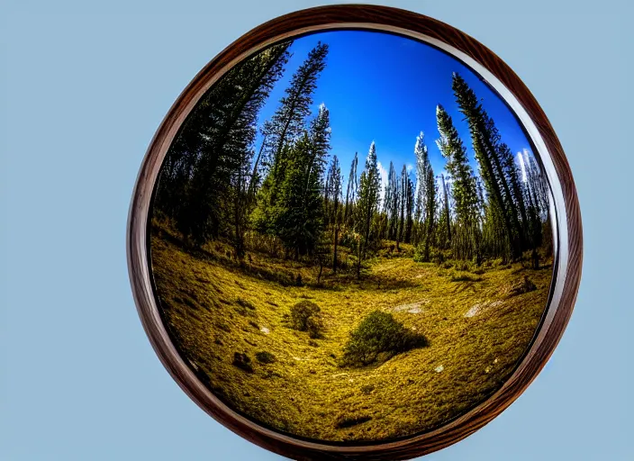 Image similar to photo of a crystal mirror that is a portal to a barren!! world. Forest in the background. Fantasy magic style. Highly detailed 8k. Intricate. Nikon d850 55mm. Award winning photography.