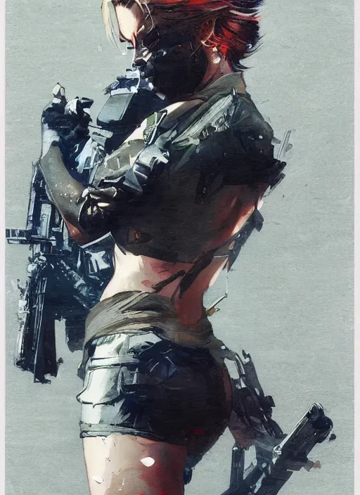 Image similar to Margot Robbie wearing metal gear armor holding gun dramatic lighting art by Richard Schmid by Hokusai by Yoji Shinkawa by greg rutkowski by Sandra Chevrier by Jeremy Lipking cinematic dramatic