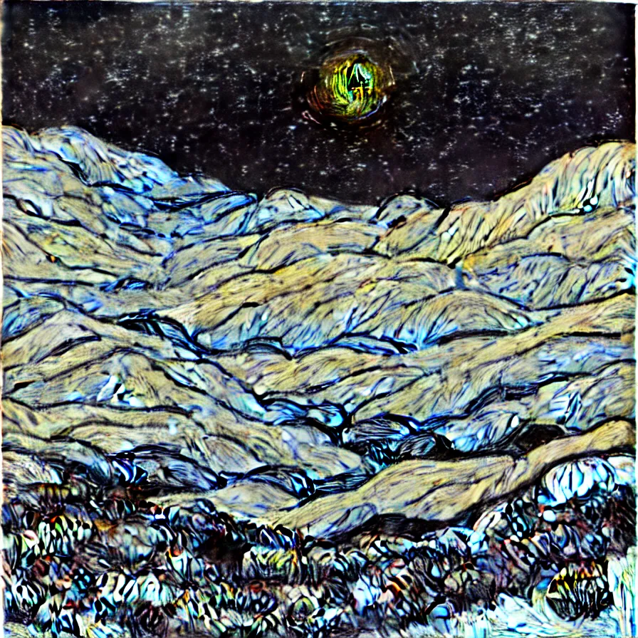 Image similar to thick impasto textured oil black and white painting of the laurentian appalachian mountains in winter by vincent van gogh, unique, original and creative landscape, snowy night, distant town lights, aurora borealis, deers and ravens, footsteps in the snow, brilliant composition