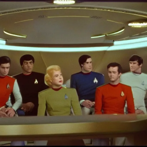 Image similar to the band queen sitting on the bridge of the enterprise in star trek, film still, 1 9 6 0 s, very colorful