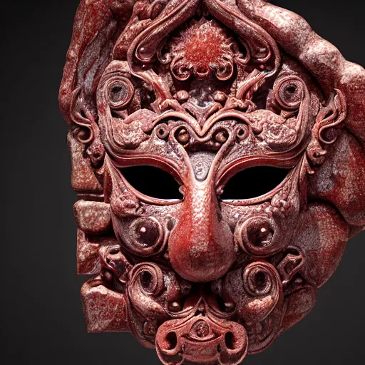 Image similar to an elaborate intricate mask made of water on an red wine jasper slab, rendered in octane, behance hd, bokeh jasper backdrop