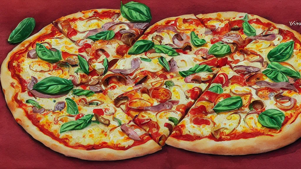 Prompt: maximalist delicious italian pizza, by kseniia yeromenko, watercolor, illustration