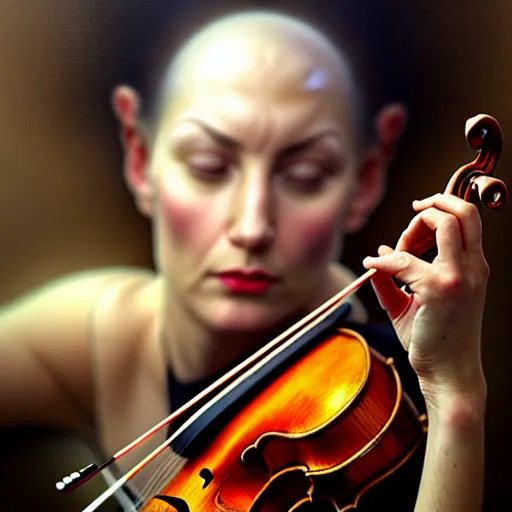 Image similar to closeup portrait photo of a woman playing violin, intricate, elegant, highly detailed, centered, digital painting, artstation, concept art, smooth, sharp focus, illustration, artgerm, tomasz alen kopera, peter mohrbacher, donato giancola, joseph christian leyendecker, wlop, boris vallejo