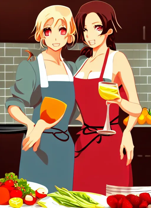 Image similar to two beautiful housewives in the kitchen on a hot summer evening, gorgeous faces, thick lines, cinematic lighting, detailed anime art