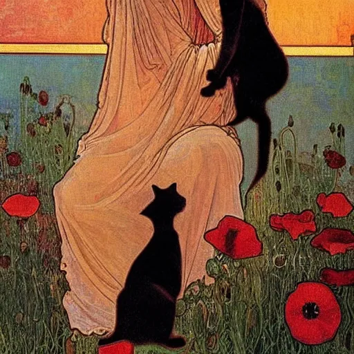 Image similar to a masterpiece painting by mucha exposed at the louvre : black cat cuddling a racoon in a poppy field with a red sunset in the background