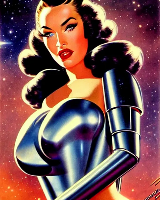 Image similar to closeup beautiful retro space megan fox posing with a chrome robot in dieselpunk city at night, pinup, windblown dark hair, seductive, hyper detailed, digital art, smooth, sharp focus, luis royo, gil elvgren, alberto vargas, 1 9 5 0, when mars attacks
