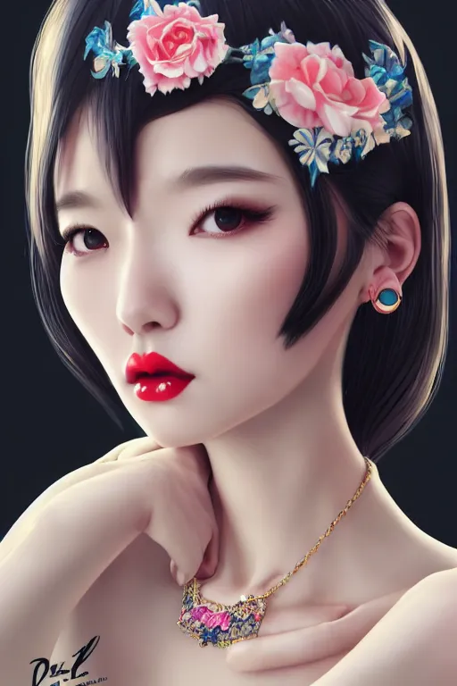 Image similar to a pin up and beautiful fashion and charming and dreamlke japan girl with jewelry, art by artgerm & jeehyung lee & wlop, hyperdetailed, 8 k realistic, lv, dior, symmetrical, frostbite 3 engine, cryengine, dof, trending on artstation, digital art, lv, dior