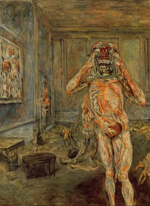 Prompt: a teratoma exploding in the middle of a museum room realizing that he has consciousness painted by james ensor goya and giorgio de chirico